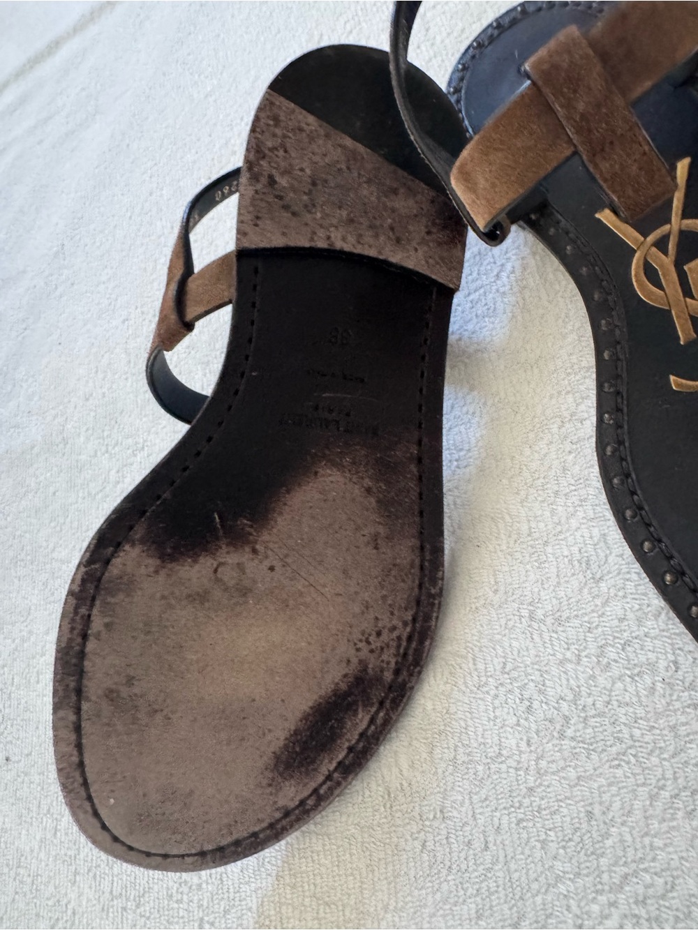 Saint Laurent Brown Suede YSL Logo T-Strap Sandals with Gold Hardware - Picture 3 of 3